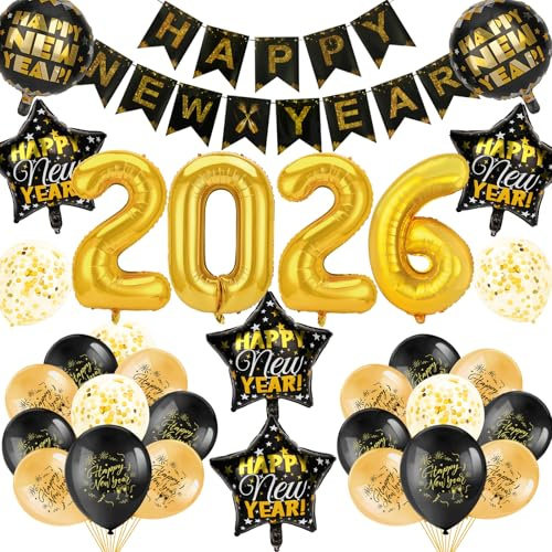DPKOW Silvester Deko 2026 Party Set Silvester Girlande Happy New Year Banner Schwarz Gold Luftballons 2026 Ballon für 2026 Silvesterdeko Neujahr Deko New Year Decoration