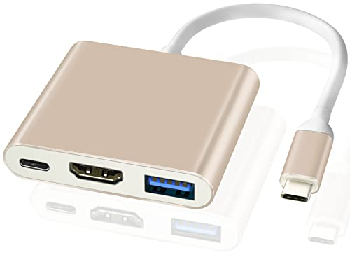 LinKAVEniR USB C auf HDMI Adapter 4K HDMI Konverter für MacBook, USB C auf USB 3.0 Hub, 3 in 1 Multiport USB C Adapter mit PD-Ladeanschluss für Laptop, Smartphone und mehr USB C Geräte (Gold)