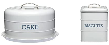 Living Nostalgia KitchenCraft Cake Tin Storage, Airtight Cake Storage Tin/Cake Dome, 28.5 x 18 cm - French Grey & Living Nostalgia LNBISCGRY Biscuit Tin, Grey, 14.5 x 19 cm