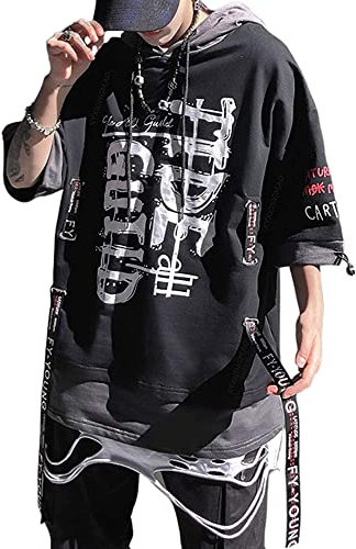 XYXIONGMAO Techwear Shirt Cyberpunk Japanese Streetwear Hip Hop Shirts Men Graphic T Alphabet Design Workwear Gothic Hoodie, Black, XL