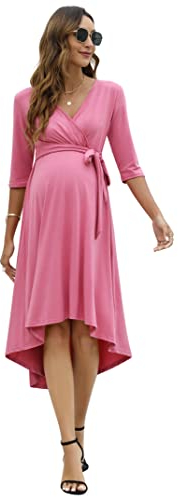 KOJOOIN Abito Premaman da Donna Abito da Allattamento Festivo Scollo a V Maniche a 3/4 Abito da Gravidanza con Cintura in Vita Rosa (Manica 3/4) XL