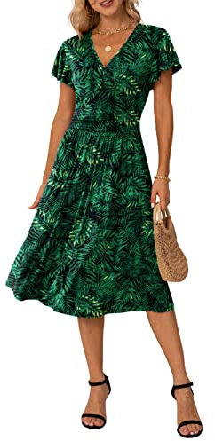 GRECERELLE Womens Summer Wrap Dress Ladies Casual Ruffle Short Sleeve V-Neck Floral Beach Dresses for Women (Fp Green Leaf, M)