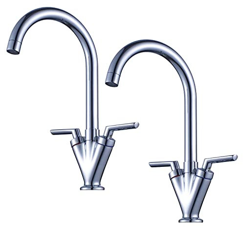 Xcel Home™ 2 x Chrome Dual Lever Kitchen Mixer Tap | Monobloc 360° Swivel Swan Neck Spout with Hoses & Standard Sink Fittings (2 Taps)