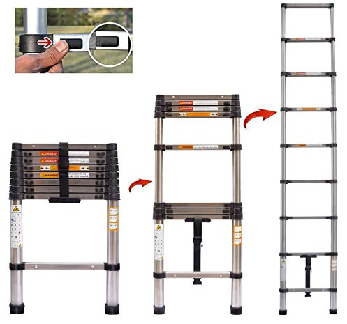 2.6M Multi-Purpose Extension Ladder Stainless Steel Telescoping Loft Attic Ladder Portable Extendable Folding Step Ladder Adjustable Height EN131 Standard for Home Office DIY Building Maintenance