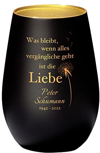 Schwarz-goldenes Gedenklicht mit Spruch ‚was bleibt,…ist die Liebe‘ - mit Pusteblumen I Trauer Windlicht I Gravur mit Name I Erinnerungslicht