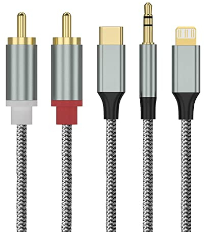 Lightning/USB Typ C/3.5mm auf 2 Cinch Aux Kabel 1.3M, 3 in 1 2 RCA Cinch Kabel Stereo für Lightning/USB Typ C/3.5mm Schnittstelle Kompatibel mit iPhone/Huawei/Samsung Galaxy/Google Pixel/OnePlus