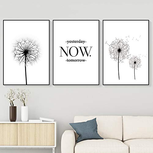 Yesterday Now Tomorrow Motivational Quote Poster Wall Art Print Minimalist Black White Dandelion Prints Picture Decor Posters 50x70cm-3Pieces Frameless