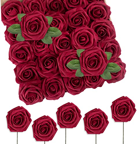 N&T NIETING Fiori artificiali di rose rosse, 50 pezzi, rose finte realistiche al tatto, con steli, fiori artigianali fai da te, per bouquet da sposa, centrotavola, composizione floreale, decorazione