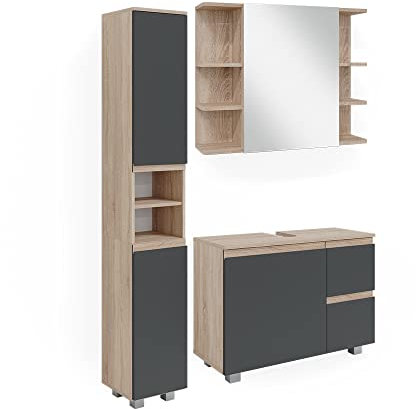 Vicco Badmöbel-Set J-Shape, Badezimmerschrank-Set, Sonoma/Anthrazit, 3 Teile, mit Hochschrank