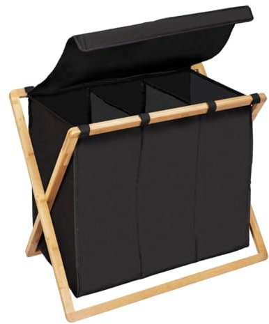 WENKO Wäschesammler Trio Mod. Ecori, mit 3 Fächern (je 31 Liter), aus FSC®-zertifiziertem Bambus, Wäschesack mit Deckel aus recyceltem Polyester, 69 x 56,5 x 33, Natur/Schwarz
