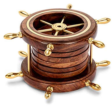 NKlaus Untersetzer 7,5cm im Steuerrad-Ständer aus Holz und Messing Glasuntersetzer 11769
