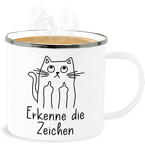 Emaille Becher Blechbecher - Statement Sprüche - Erkenne die Zeichen schwarz - 300 ml - Weiß Silber - sarkasmus katze tasse spruch bösen sprüchen tassen spruechen böse sprüche, freche sprueche