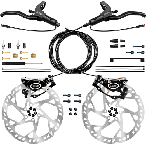 DYISLAND E-Bike Hydraulisches Scheibenbremsen Set 4-Kolben/2-Kolben, 2-pin/3-pin Vorinstallierter Mineralöl-Bremsensatz, Mit 2 Stück 180mm Rotoren (Schwarz-Vorne1000mm/Hinten1850mm 2-Kolben)