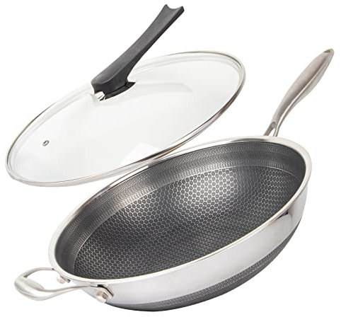 CATHYLIN Wok Pan Stainless Steel Stir-fry Wok with Lid Hex Cladded 14 Non Stick Skillet with Stay-cool Handle PFOA Free Suitable for Induction, Ceramic, Electric, and Gas Cooktops