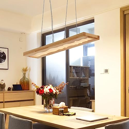 LED Pendelleuchte Holz Hängeleuchte Esstischlamp Dimmbar mit Fernbedienung Hängelampe Höhenverstellbar Rechteckige Eiche lampe Café Esszimmerlampe Kronleuchter Bar Küche Büro Deckenleuchte 36W