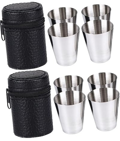 Toyvian 8pièces Tasse Acier Inoxydable De Verres à Tirer avec Étui Cuir Noir Pratique pour Camping Et Activités Extérieures