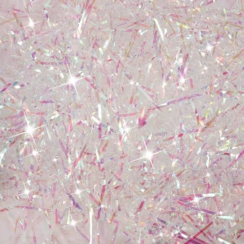 Bestomrogh Shredded Tissue Papers 200g, Raffia DIY Filler Glitter Paper Shreds Box Basket Filling Grass Craft Ribbon for Hamper Packaging Box Stuffing, Iridescent