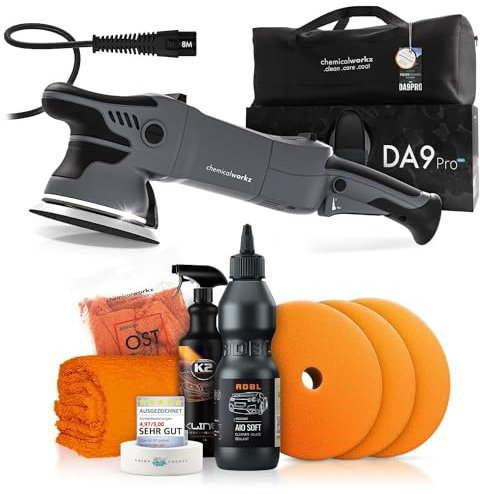 Poliermaschinen Set: chemicalworkz DA9 Pro Max Exzenter Poliermaschine + ADBL One-Step Politur + Royal Pads Polierpads + Zubehör - Auto Lack Politur, Kratzer entfernen, Aufbereitung | 8-teilig