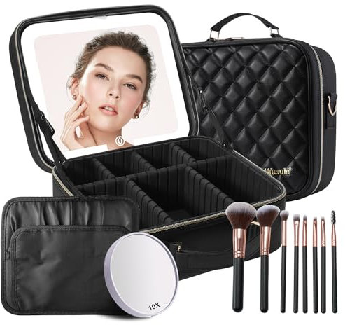 Mocado Travel Makeup Bag with LED Lighted Mirror, Travel Makeup Organizer, Makeup Case with 3 Color Lighted Setting and 10x Magnifying Mirror, Portable Storage and Adjustable Dividers Makeup Box,