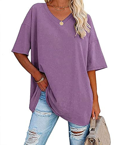 Famulily Women's Baseball Tshirts Comfy Loose Fitting V Neck Half Sleeve T Shirt (L, Purple)