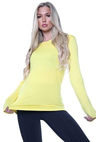 VEARZ® Womens Plain Long Sleeve T-Shirts – Ladies Stretchy Casual Basic Tops Summer Slim fit Round Neck Tee Tops Plus Size Yellow, 12-14