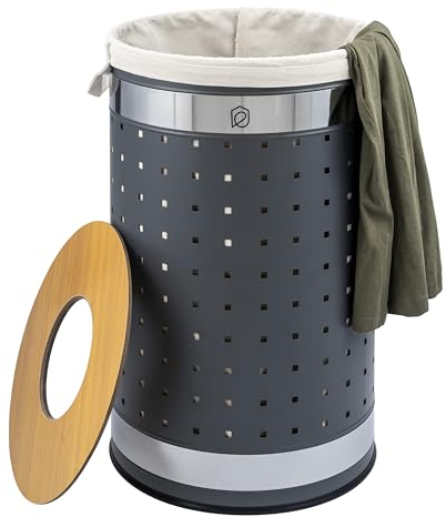 eluno runde Wäschetonne, Wäschekorb, Wäschesammler mit waschbarem Wäschesack und abnehmbaren Deckel, 50 Liter Fassungsvermögen für Schlafzimmer, Badezimmer, Wäscheaufbewahrung aus Metall (Grau)