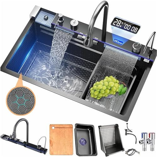 Fregadero de Cocina Deluxe Multifuncional Práctico Fregadero Negro con Juego de Grifo, Lavavasos, Dispensador de Jabón, Juego de Desagüe (80 * 45cm)