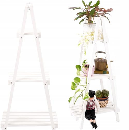 ECODECO Leiterregal Hochbeet Balkon | Blumentreppe Outdoor Indoor Terrasse Balkon Regal | Hochbeete für Garten Pflanzentreppe Vertikalbeet mit 3 Regalen | Weiß