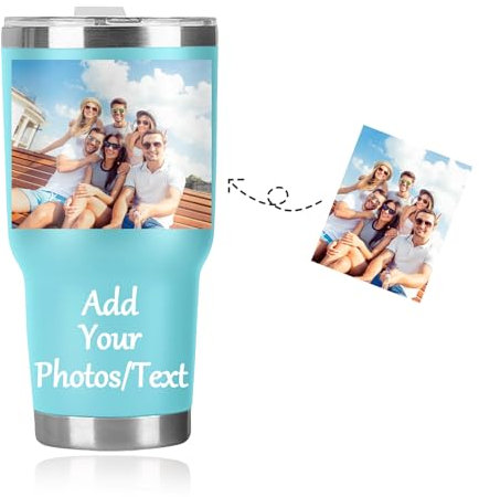 Personalized Travel Mug with Picture&Text,Customized Coffee Cup Travel Mug for Her Stainless Steel Thermal Vacuum Flask, Leakproof Tumbler, Coffee Mug with BPA Free Easy-Clean Lid, 30oz (Cyan)