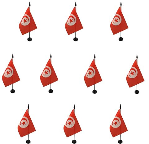 AZ FLAG - Lot de 10 Drapeau De Table Tunisie - 15x10 cm - 10 Mini Drapeaux Tunisien De Bureau 100% Polyester Avec Hampe De 25cm Et Socle En Plastique Noir