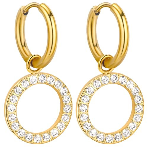 Ohrringe Gold Hängend, Hypoallergen Ohrringe Damen Gold Creolen mit Anhänger, Creolen Gold Wasserfest Goldene Ohrringe Damen 1,4cm Durchmesser Edelstahl Ohrringe Geschenke für Frauen Valentinstag
