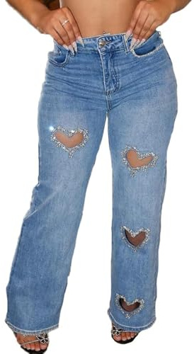 FYHTC Heart Cutout Rhinestone Jeans for Women Y2k High Waist Straight Leg Baggy Denim Pants Womens Jeans Trendy(Blue,Small)