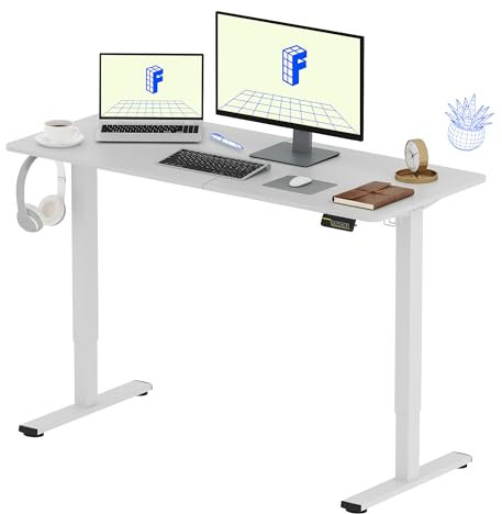FLEXISPOT Bureau Assis Debout 140x60cm, Bureau Réglable en Hauteur Électrique, avec Porte-Gobelet et Crochet, Panneau de Contrôle à Fonctions Mémoires(Cadre Blanc+Plateau Blanc)