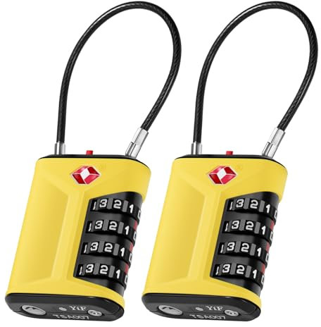 ZHEGE Luggage Locks TSA Approved, Travel Lock with Warning Button, Flexible Cable Suitcase Padlock with White Numbers, 4 Digit Locks for Traveling Bags, Backpack, Case, Tent, Lockers (2P, Yellow)
