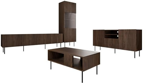 Mirjan24 Wohnzimmer-Set Trigev I, Wohnzimmerschrank, Schrankwand, im Set: Kommode, TV-Lowboard, Couchtisch, Vitrine (Nuss Warmia)