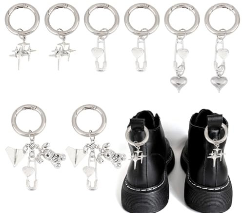 GOMAKERER 8 Stück Sicherheitsnadel Schuhanhänger Mit O Ringen, Schuhschmuck Im Tibetischen Stil Mit Stern Und Herz Hase Legierung Schuhanhänger Für Stiefel Taschen Geldbörsen Vintage Dekor 2.3 3.1cm