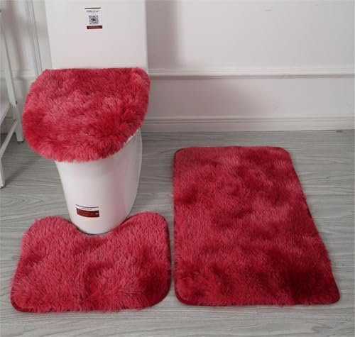 Lot de 3 tapis de salle de bain doux en microfibre – Tapis de bain antidérapant et pelucheux – Housse de siège de toilette pour salle de bain – Tapis de bain absorbant l'eau, lavable en machine (rouge