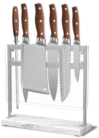FDDP Magnetic Knife Stand Block with Marble Base, Double-sided Stainless Steel Magnets for Countertop with Acrylic Shield, Magnetic Knife Holder for Kitchen Storage, 12 IN, White