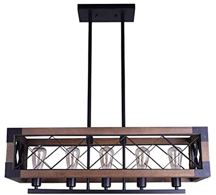Lustre en Bois rectangulaire en métal, Lustre pour îlot de Cuisine Finition Noire Lustre Industriel Rustique Plafonnier Vintage 5 lumières avec Abat-Jour en Verre
