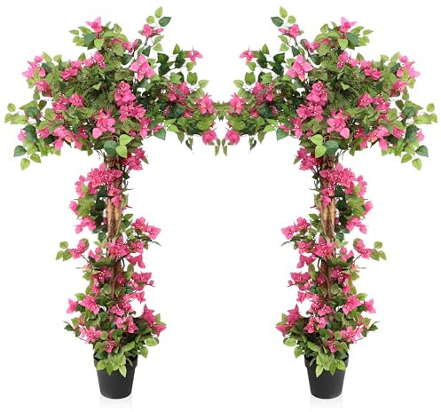 momoplant Lot de 2 bougainvilliers artificiels en pot de ciment - 160 cm - Grands arbres roses avec fleurs pour porche, maison, bureau, extérieur, jardin