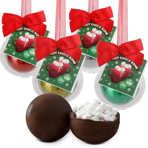 4x Weihnachts Marshmallow Schokoball zum Aufhängen, 4er Set, Christbaumkugel in rot, Silber, Gold o. grün, Trinkschokolade, zufällige Farbauswahl, Geschenkidee Weihnachten