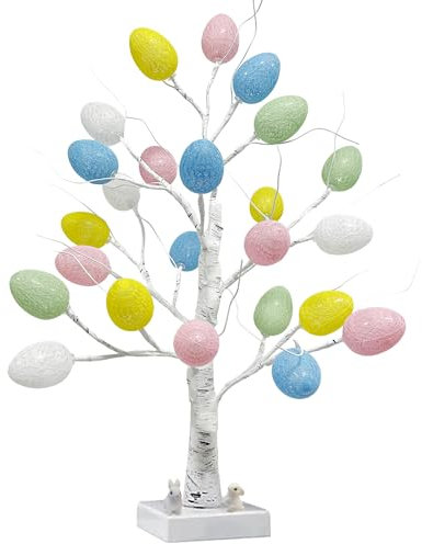 ApisNest Decorazioni per albero di Pasqua pre-illuminate, 61 cm, albero di betulla pasquale con 24 uova, decorazione da tavolo artificiale fai da te per feste di Pasqua e primavera
