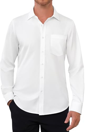 siliteelon Mens Shirts White Shirt Long Sleeve Regular Fit Shirts for Adult Stretch Dress Business Casual Wedding Work Formal with Pocket Shirt S