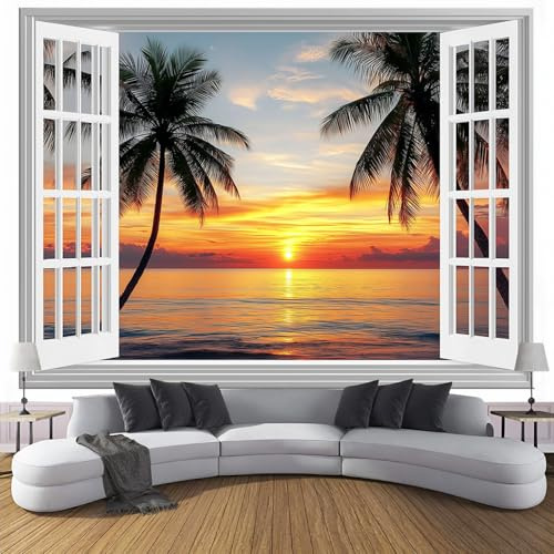 Fototapete Falsches Fenster PVC Tapeten Moderne Wandtapete Wohnzimmer Schlafzimmer Sonnenaufgang Am Strand Tapeten Wohnzimmer Jugendzimmer Wanddeko Wandtattoo selbstklebende 200x140cm