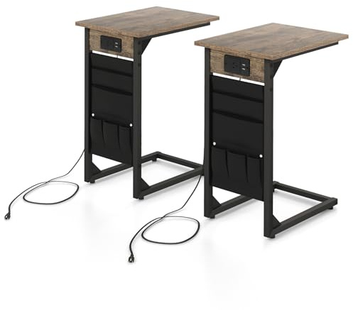 GYMAX Ensemble de 2 Tables d'Appoint en Forme de C, 40 x 30 x 60 cm | Bout de Canapé Compact Gain de Place avec Station de Recharge ( 2 Prises & 2 Ports USB ), Sac de Rangement Latéral