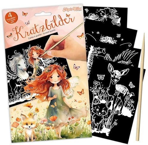 TapirElla Kratzbilder – Kreatives Mal- und Bastelset für Kinder – 4 Motive - Magische Regenbogen-Effekte – DIY Kratzpapier, Holzstift, Kratzblock, Geschenk Idee Lutz Mauder (Elfenprinzessin - bunt)