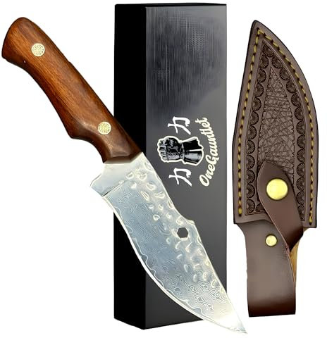 OneGauntlet - Damascus Kitchen Knife with Real Leather Sheath. 4.4 Inch Chef Knife, Stainless Steel, Japanese Knife Inspired Design, for Precision Cooking Indoors & Outdoors, Survival, Camping Knife.