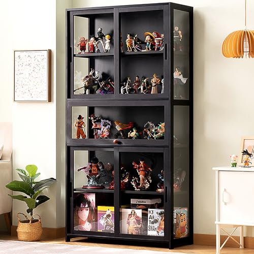 Gabinete de exhibición de bambú con puerta de vidrio acrílico: gabinete de almacenamiento de coleccionables de alta capacidad con puerta corredera de dos vías - Caja de exhibición de madera natural