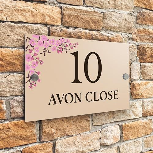 Badgemaster Modern Desert Beige House Number Sign Plaque Stainless Steel Standoffs 20cm x 13cm Pink Flower Top