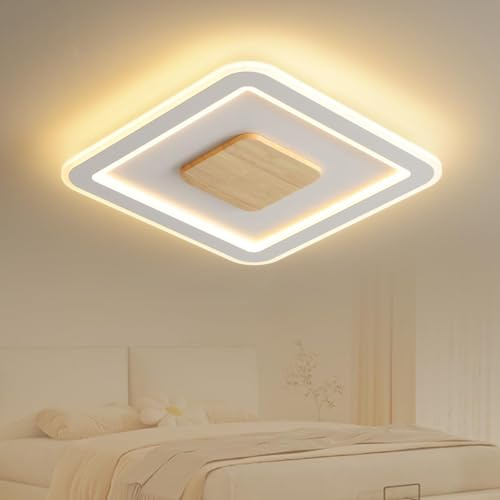 zenlavia Deckenlampe Holz, Led Deckenleuchte Flach, 24W, 2400lm, Warmweiß 3000K, Eckig, 30cm für Schlafzimmer flur Küche Wohnzimmer